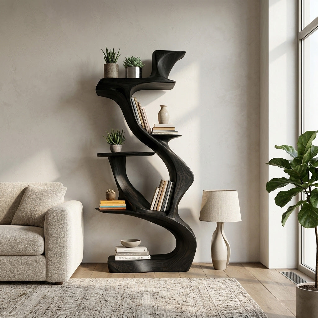 Sculptural Natural Wood Bookshelf For Living Room Lynnsnail