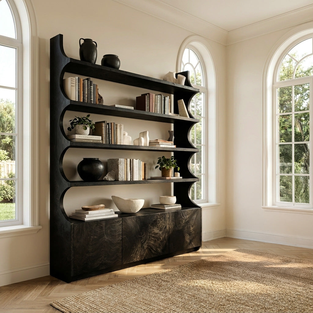 Organic Wooden Bookshelf With Curved Edges For Living Storage Lynnsnail