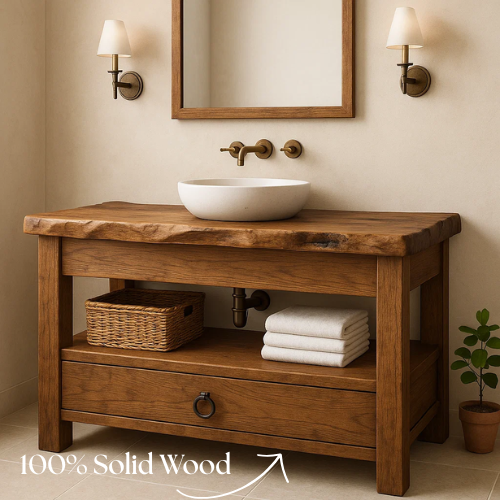Handcrafted Live Edge Bathroom Vanity – Solid Wood Design with Drawer & Open Shelf – Rustic Farmhouse Vanity for Natural Modern Interiors Lynnsnail