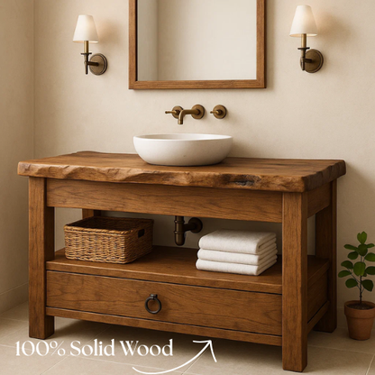 Handcrafted Live Edge Bathroom Vanity – Solid Wood Design with Drawer & Open Shelf – Rustic Farmhouse Vanity for Natural Modern Interiors Lynnsnail