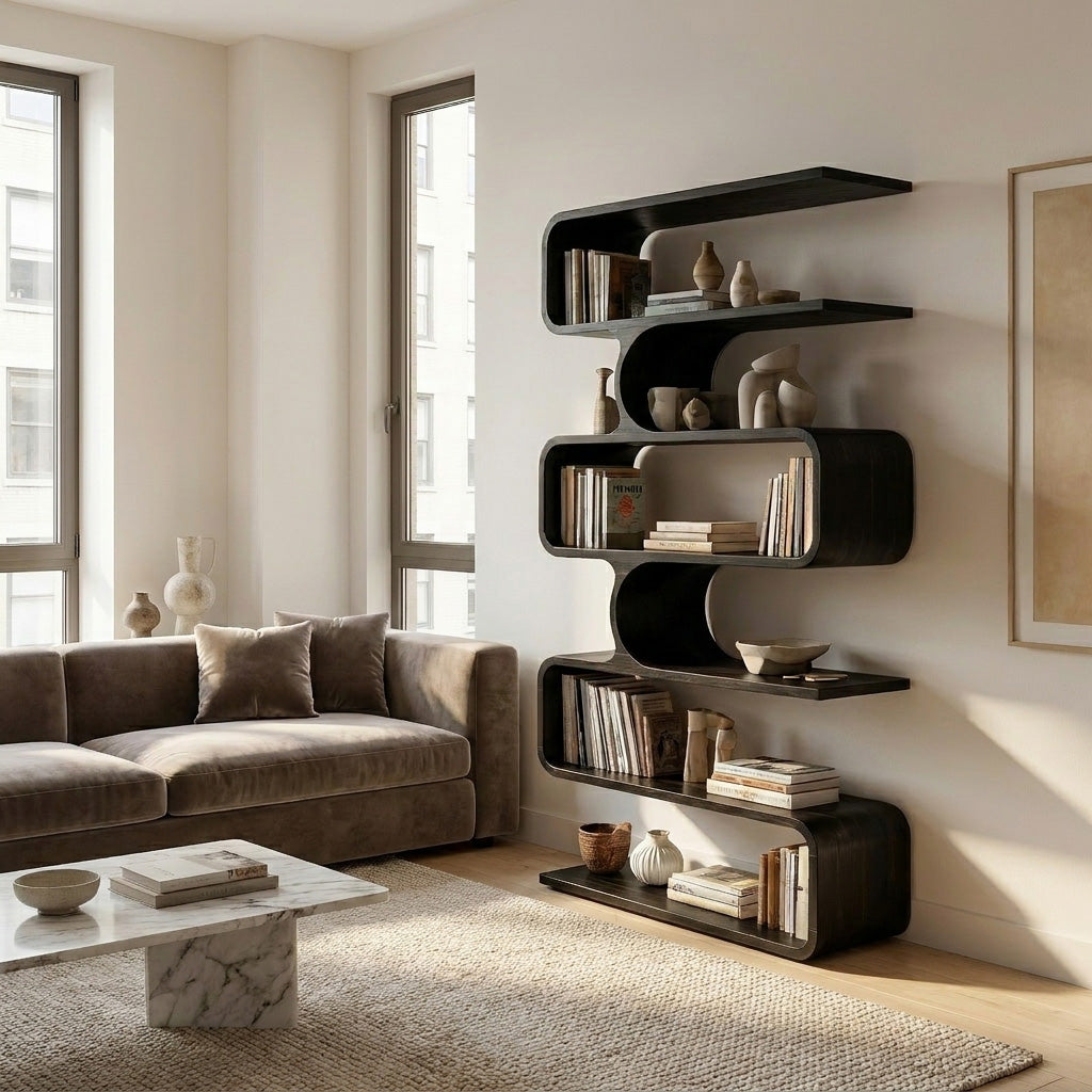 Handcrafted Wooden Bookshelf With Sculpture Edges For Living Room Lynnsnail