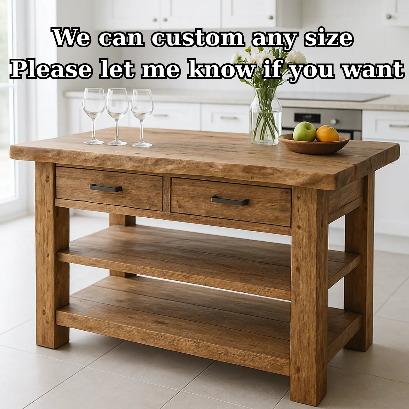 Handcrafted Solid Wood Kitchen Island - Live-Edge Top, 2 Drawers & Shelves Lynnsnail