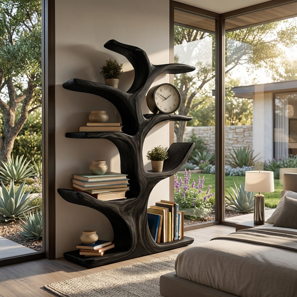 Modern Wood Bookshelf Sculptural Curved Design For Living Room Lynnsnail