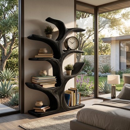 Modern Wood Bookshelf Sculptural Curved Design For Living Room Lynnsnail