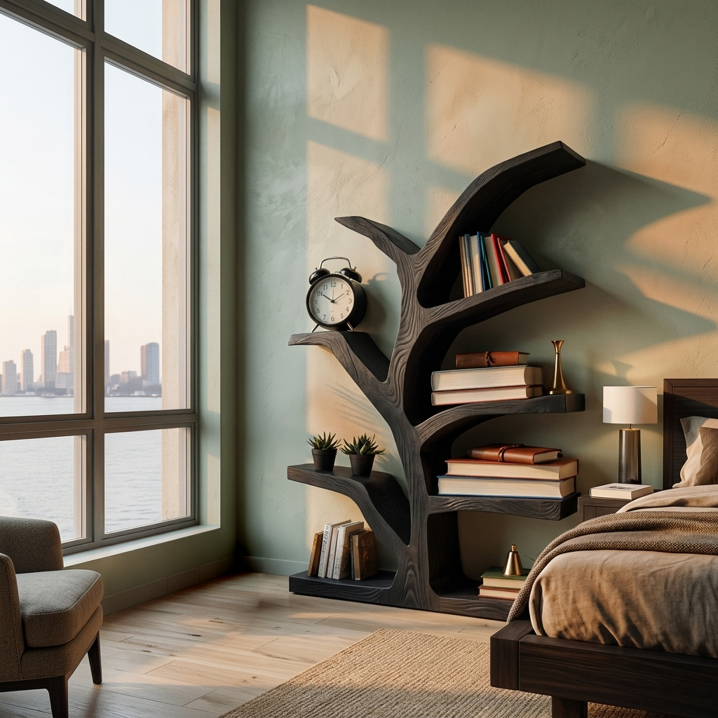 Wooden Bookshelf With Organic Form For Living Area Lynnsnail