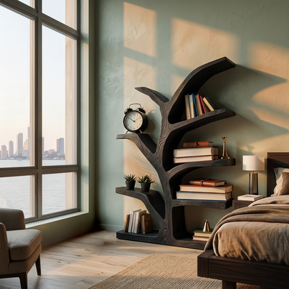 Wooden Bookshelf With Organic Form For Living Area Lynnsnail