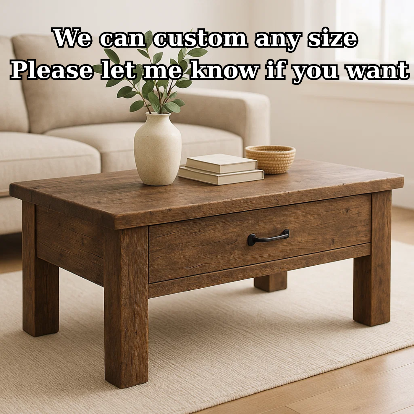 Handcrafted Solid Wood Coffee Table – Rustic Modern Storage with Single Drawer Lynnsnail