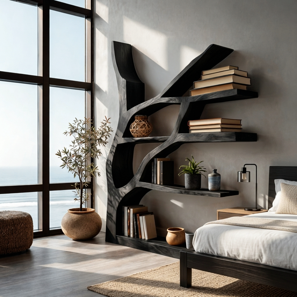 Contemporary Wooden Bookshelf Sculptural Shape For Living Room Lynnsnail
