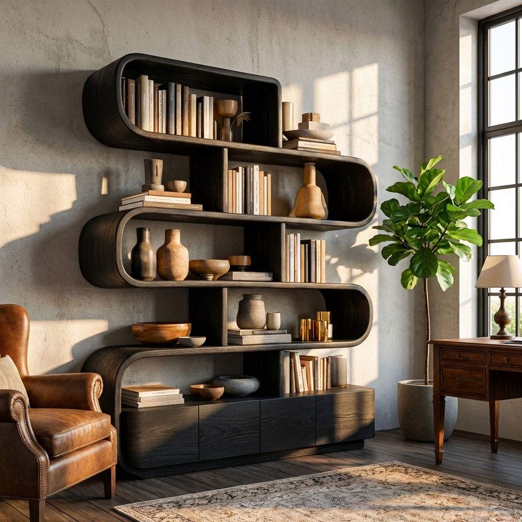 Organic Wooden Bookshelf With Flowing Form For Home Interior Lynnsnail