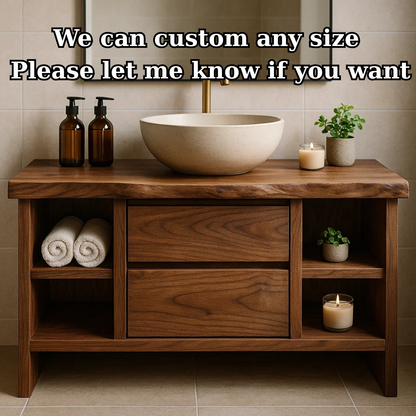 Handcrafted Solid Wood Single Vanity - Rustic Walnut Live Edge Bathroom Console Lynnsnail