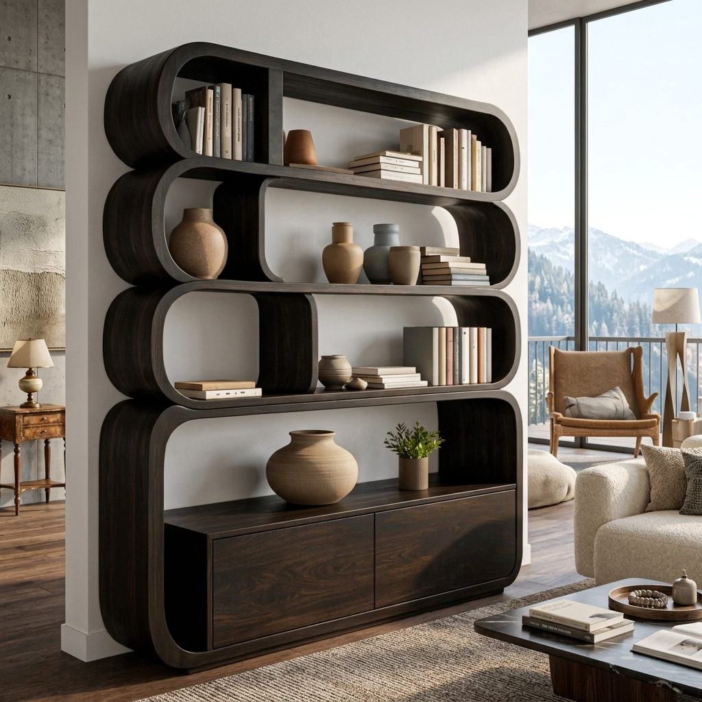 Modern Natural Wood Bookshelf With Curved Structure For Living Room Lynnsnail