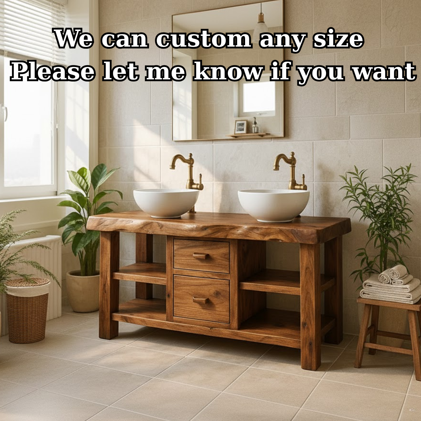Handcrafted Solid Wood Floating Double Vanity - Live Edge Top, 2 Drawers & Open Shelves Lynnsnail