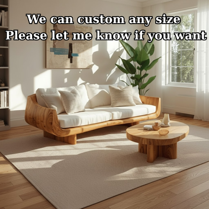 Handcrafted Solid Wood Sofa – Modern Curved Frame with Linen Cushions and Natural Finish Lynnsnail