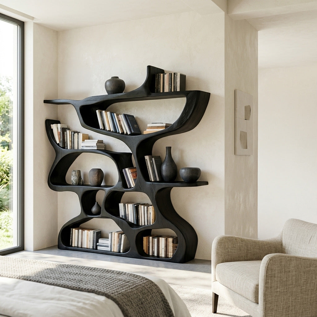 Modern Bookshelf With Organic Carved Design For Living Room Or Office Lynnsnail