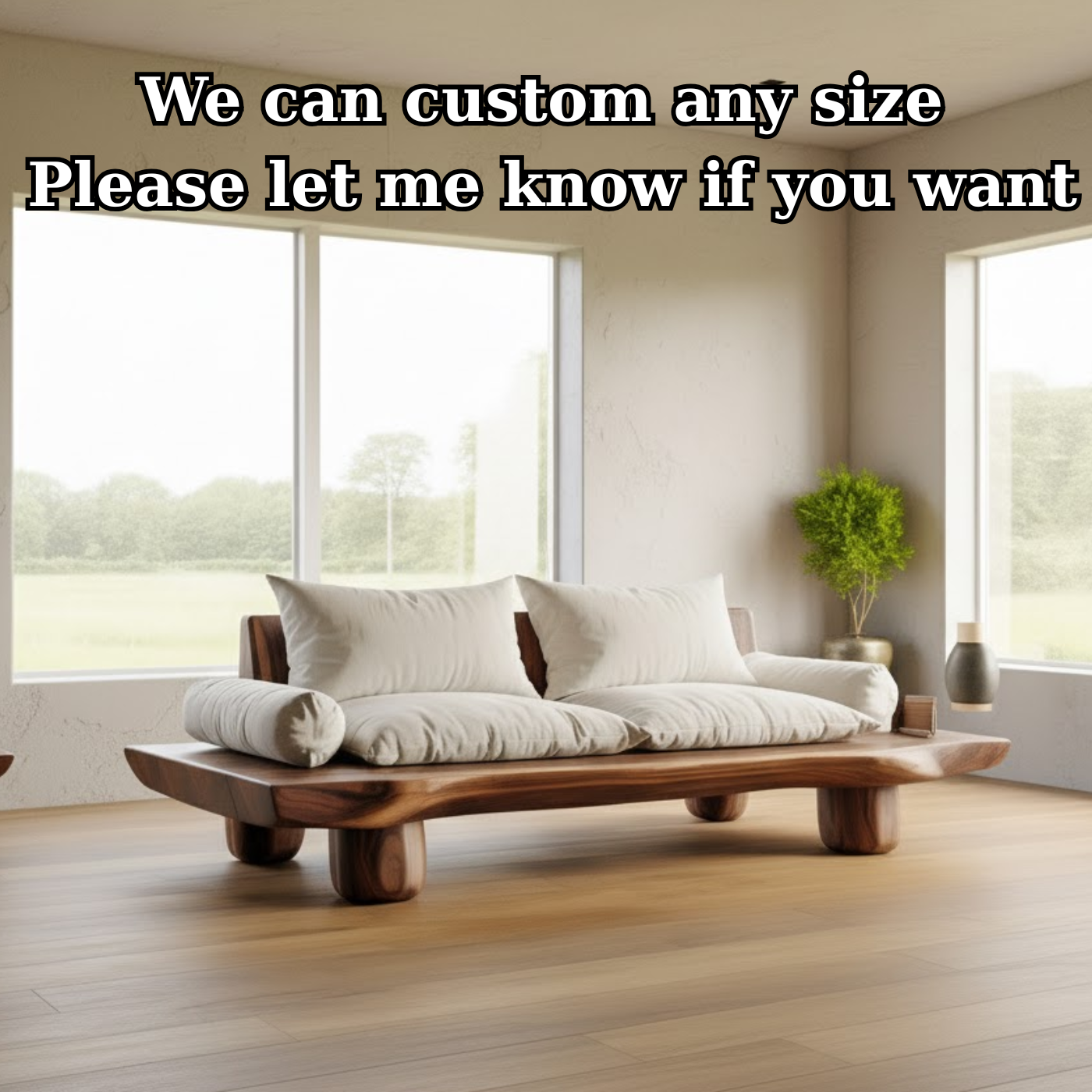 Handcrafted Solid Walnut Sofa – Low Organic Wood Couch with Linen Cushions and Rounded Legs Lynnsnail