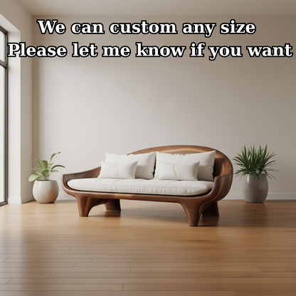 Handcrafted Solid Wood Sofa – Modern Organic Wood Couch with Smooth Curves and Linen Cushions