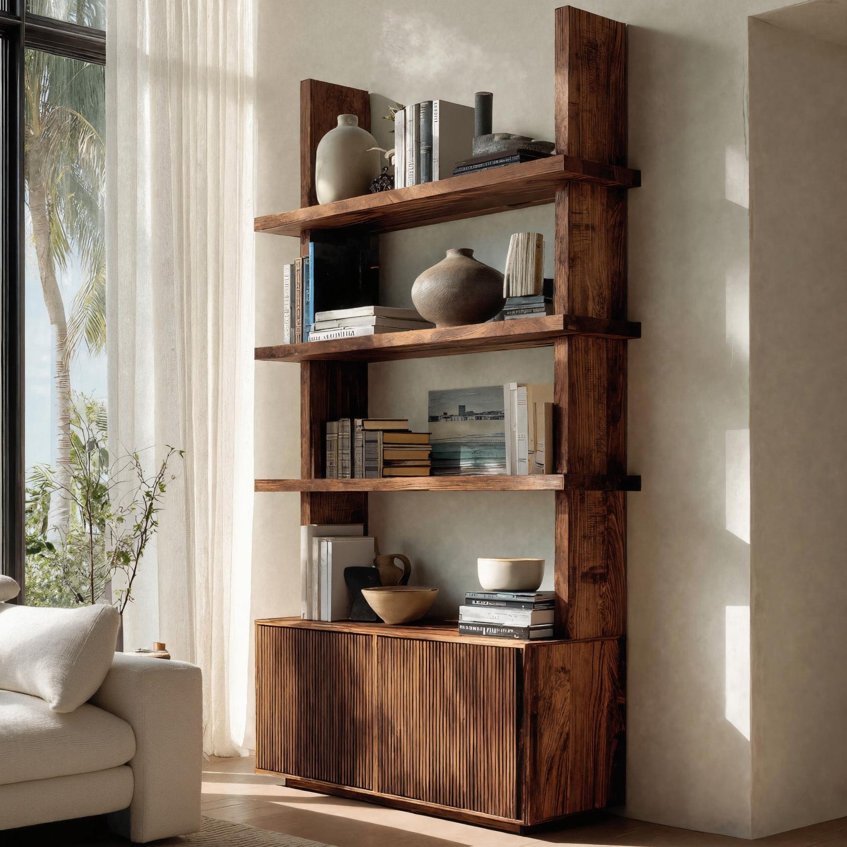 Contemporary Fluted Wood Bookshelf For Living Decor Lynnsnail