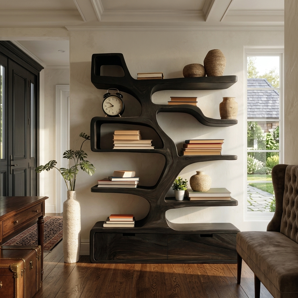 Contemporary Wooden Bookshelf Sculpted Design For Living Space Lynnsnail