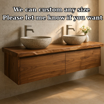 Handcrafted Solid Wood Floating Vanity - Double Sink Live Edge Walnut Console 2-Drawer Lynnsnail