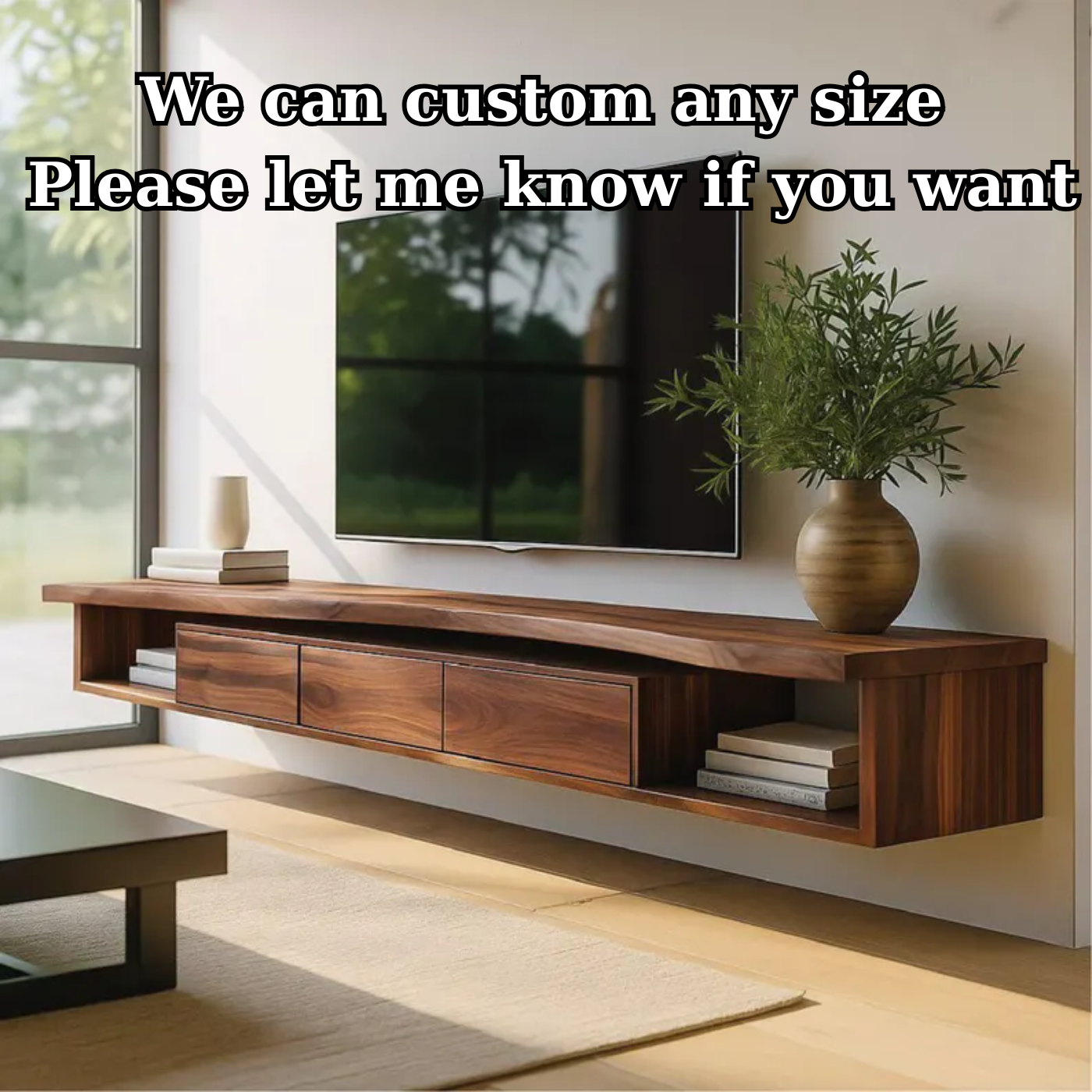 Handcrafted Solid Wood Floating TV Stand, Modern Live Edge Media Cabinet with Drawers Lynnsnail