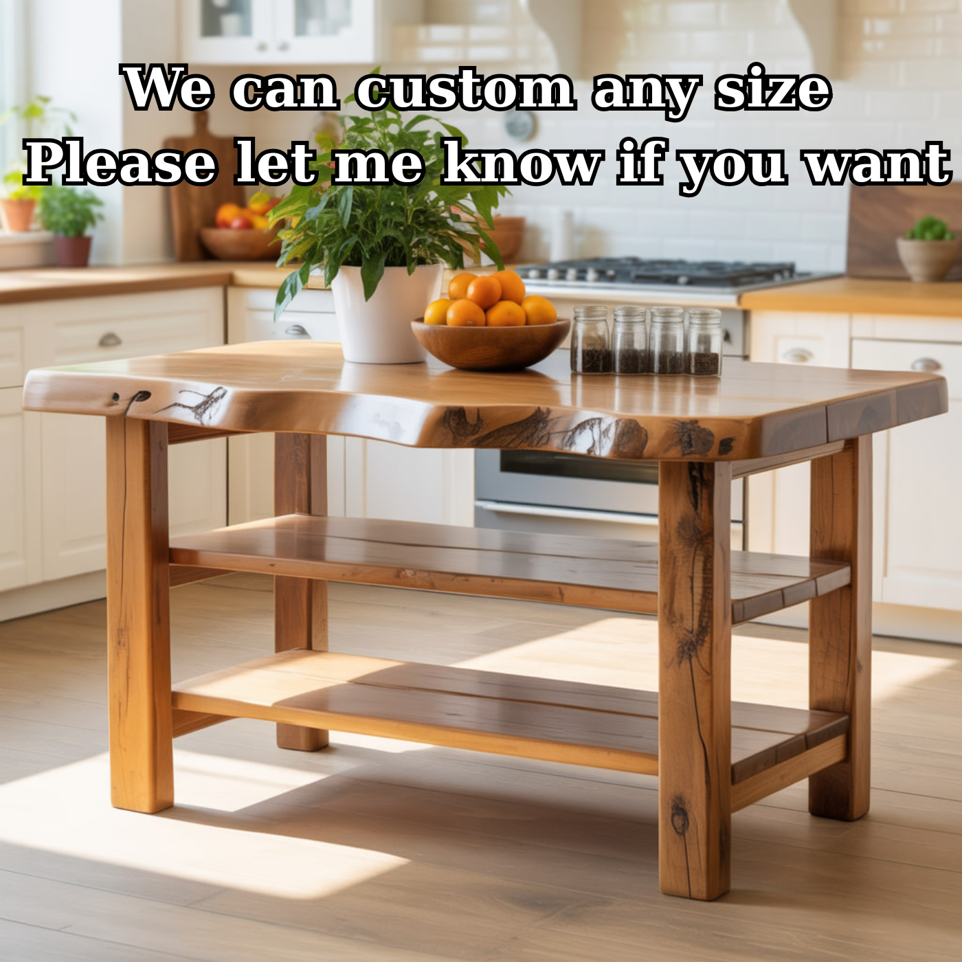 Handcrafted Solid Wood Kitchen Island - Natural Live-Edge Top & Open Shelving