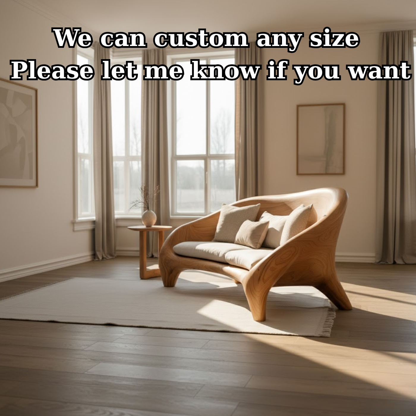 Handcrafted Solid Wood Sofa – Modern Organic Curved Couch with Smooth Sculptural Frame and Linen Cushions Lynnsnail