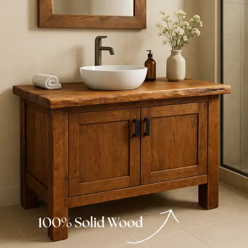 Handcrafted Solid Oak Bathroom Vanity – Live Edge Countertop with Double Doors – Rustic Modern Wood Design for Warm Natural Bathroom Interiors Lynnsnail