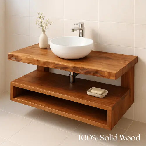 Handcrafted Floating Solid Wood Bathroom Vanity – Rustic Live Edge Countertop with Open Shelf – Modern Minimalist Design Lynnsnail