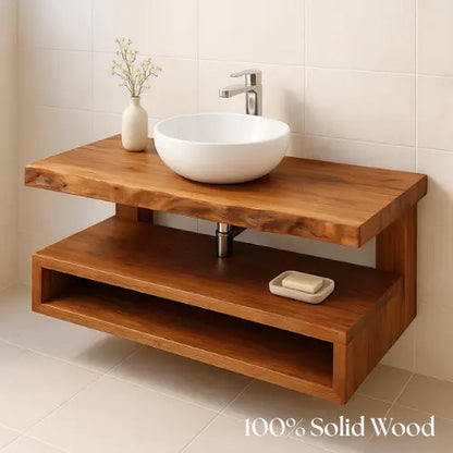 Handcrafted Floating Solid Wood Bathroom Vanity – Rustic Live Edge Countertop with Open Shelf – Modern Minimalist Design Lynnsnail