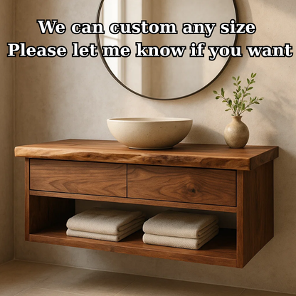 Handcrafted Solid Wood Floating Vanity - Live Edge Walnut with 2 Drawers & Open Shelf Lynnsnail