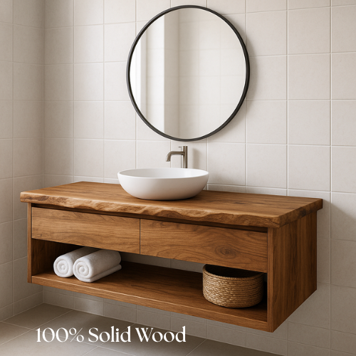 Handcrafted Floating Solid Wood Bathroom Vanity – Live Edge Countertop with Drawer and Open Shelf – Modern Organic Wall-Mount Design Lynnsnail