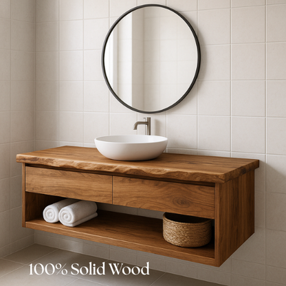 Handcrafted Floating Solid Wood Bathroom Vanity – Live Edge Countertop with Drawer and Open Shelf – Modern Organic Wall-Mount Design Lynnsnail