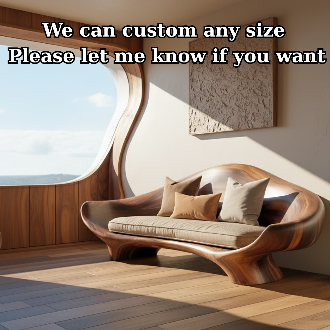 Handcrafted Solid Wood Sofa – Sculptural Organic Wood Couch with Smooth Curves and Linen Cushion Lynnsnail