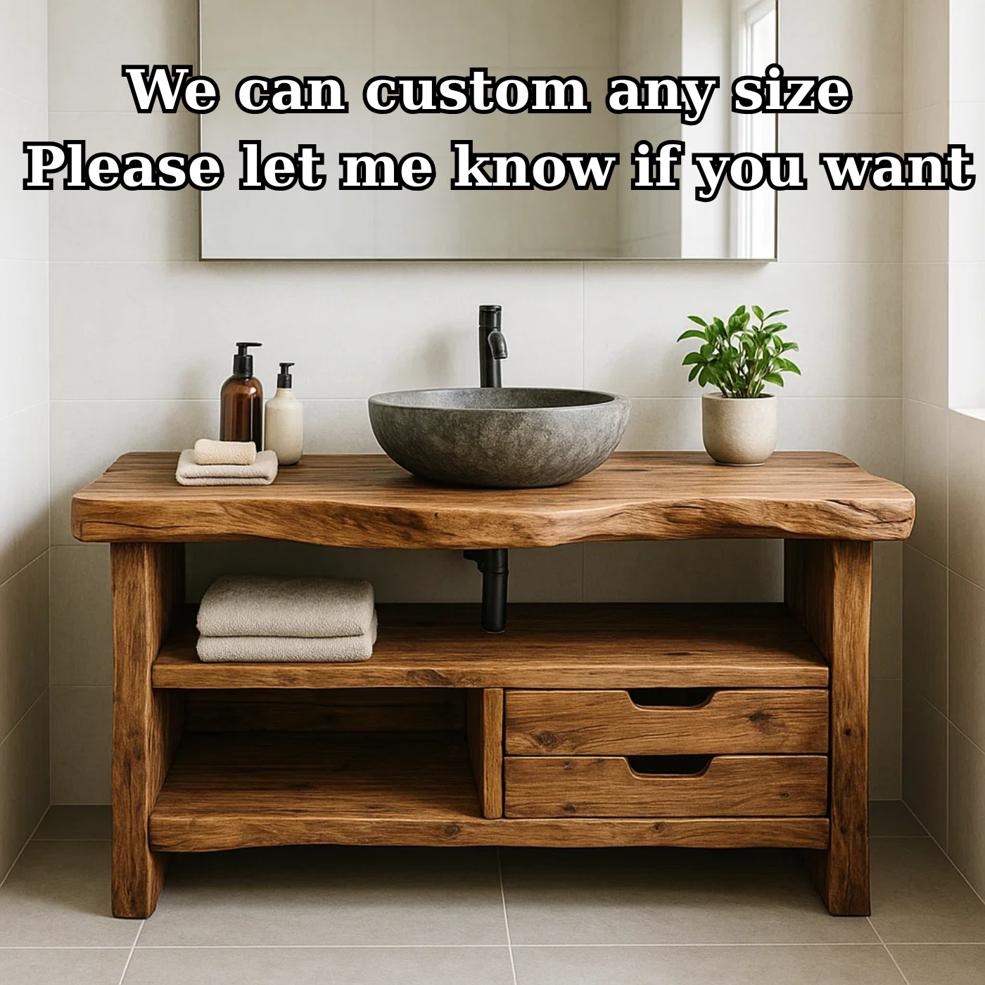 Handcrafted Solid Wood Bathroom Vanity, Rustic Live Edge Console with Storage Lynnsnail
