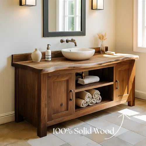 Handcrafted Solid Wood Bathroom Vanity – Live Edge with Shelves and Cabinet Lynnsnail