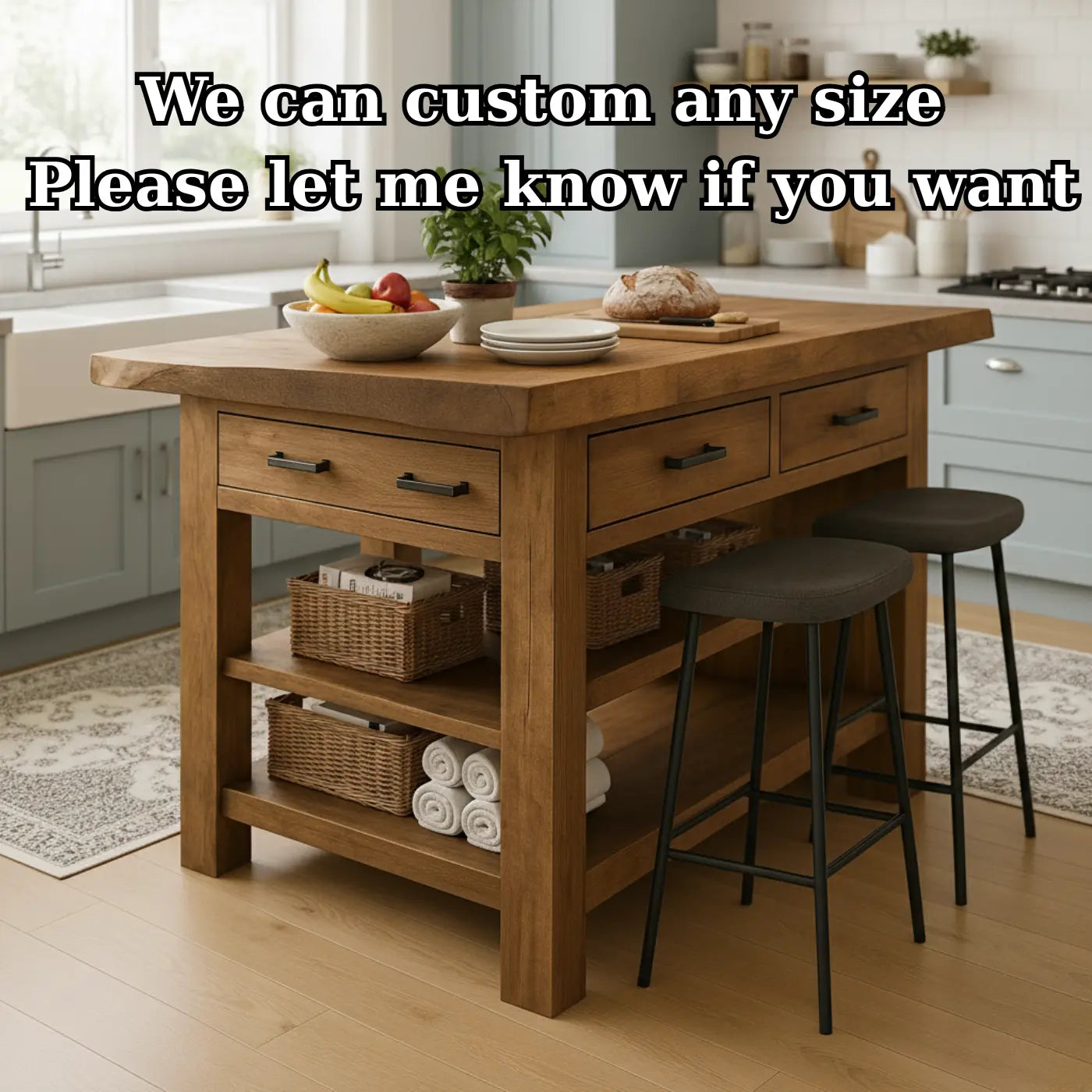 Handcrafted Solid Wood Kitchen Island - Rustic Top, Drawers & Open Shelving Lynnsnail