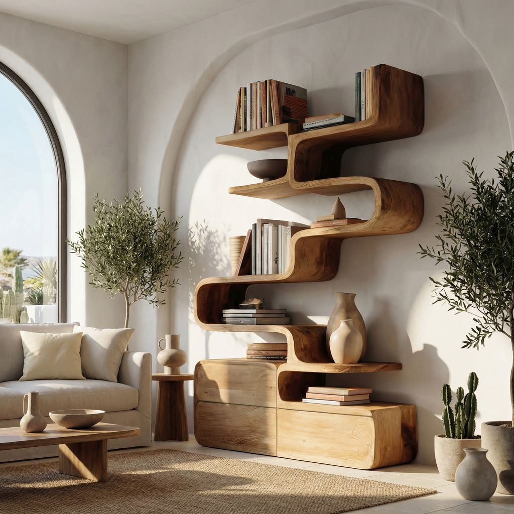 Scandinavian Sculptural Wooden Bookshelf With Organic Shape For Living Room Lynnsnail