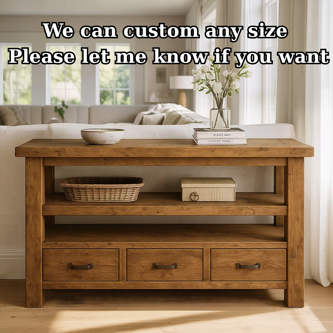 Handcrafted Solid Wood Console Table – Farmhouse Style with Three Storage Drawers Lynnsnail