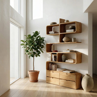 Minimalist Bookshelf With Curved Lines And Storage For Living Lynnsnail