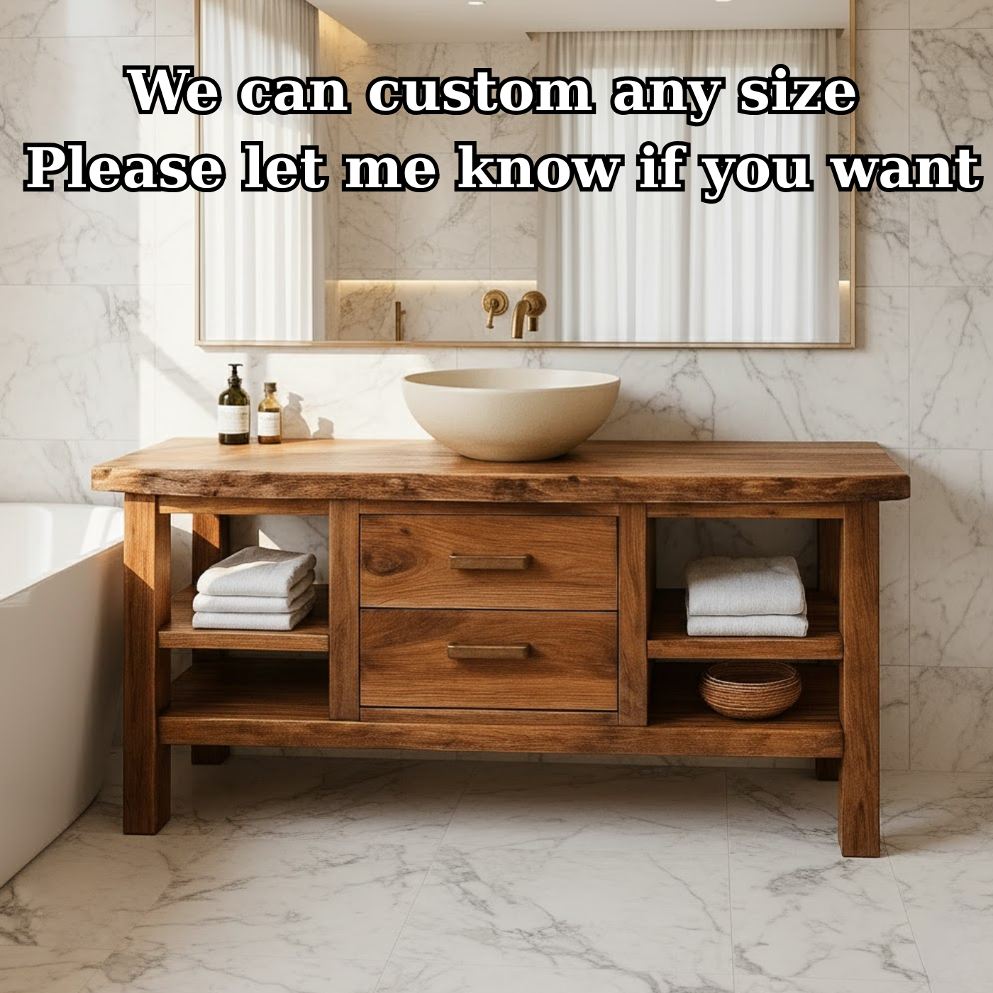 Handcrafted Solid Wood Bathroom Vanity - Live Edge Top, 2 Drawers & Open Frame Shelving Lynnsnail