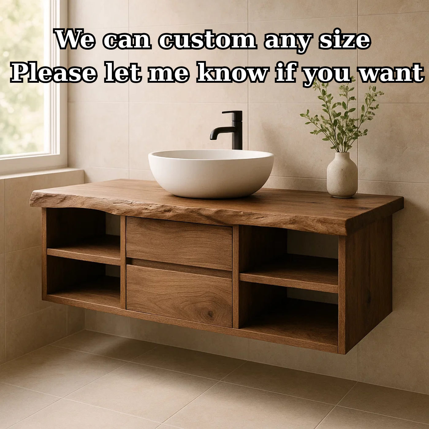 Handcrafted Solid Wood Floating Vanity - Live Edge Console with Central Drawers & Open Shelving Lynnsnail