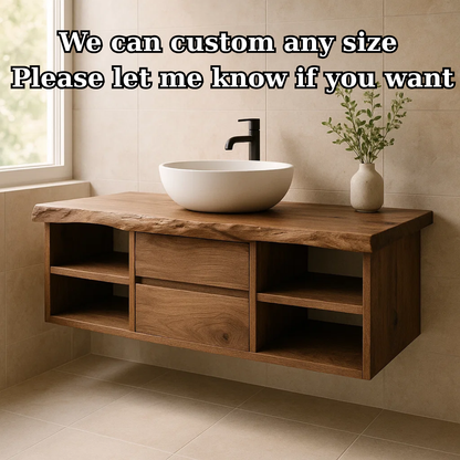Handcrafted Solid Wood Floating Vanity - Live Edge Console with Central Drawers & Open Shelving Lynnsnail