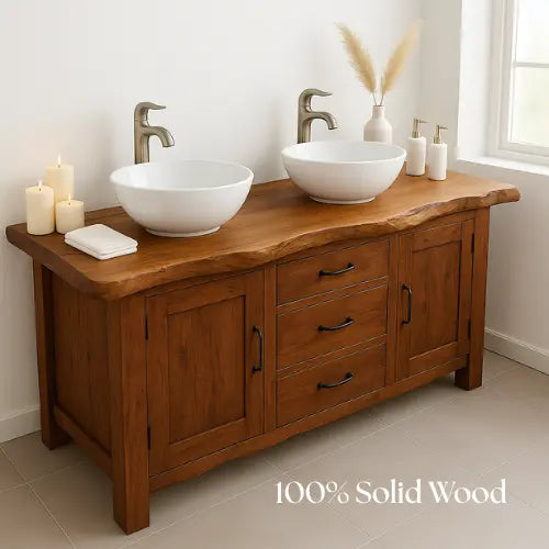 Handcrafted Double Sink Bathroom Vanity – Solid Wood Live Edge Countertop with Drawers & Cabinets – Rustic Modern Design for Natural Interiors Lynnsnail