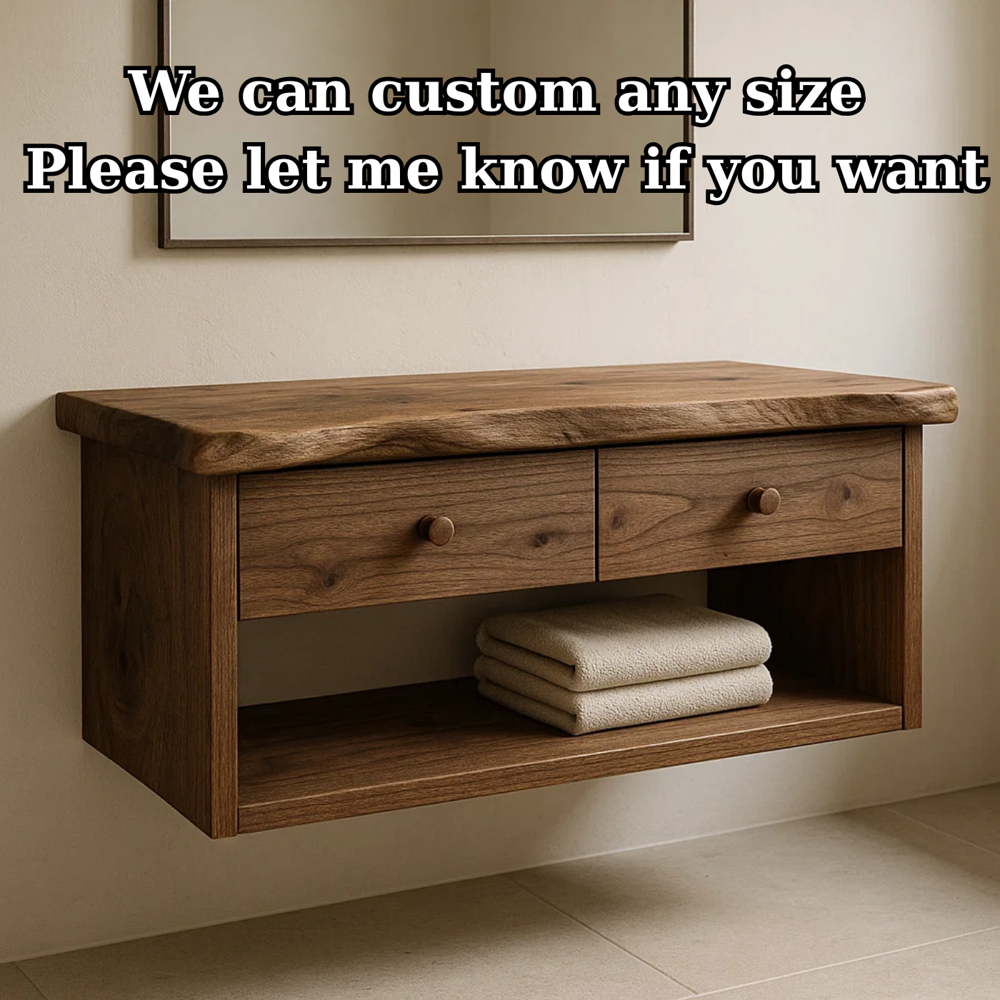 Handcrafted Solid Wood Floating Vanity - Live Edge Walnut Console with 2 Drawers & Open Shelf Lynnsnail