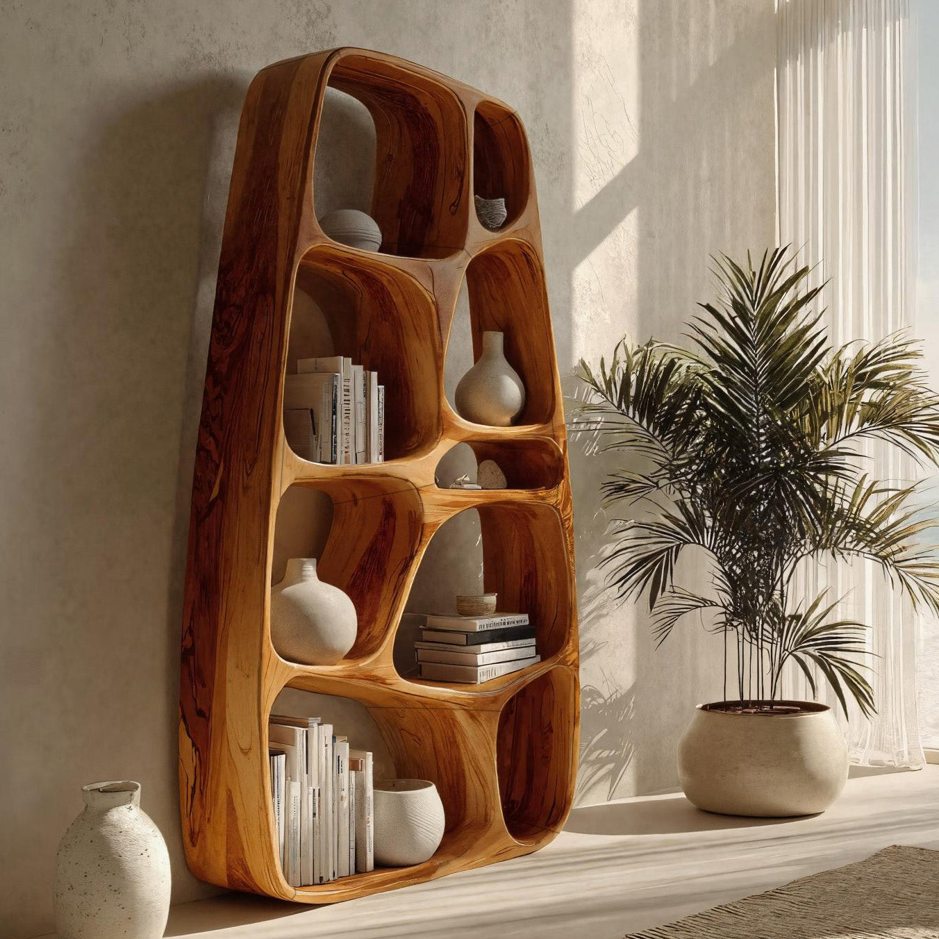 Handcrafted Wooden Sculptural Bookshelf For Living Room Lynnsnail