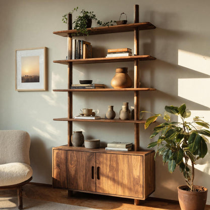 Mid Century Wooden Bookcase With Closed Storage For Living Lynnsnail