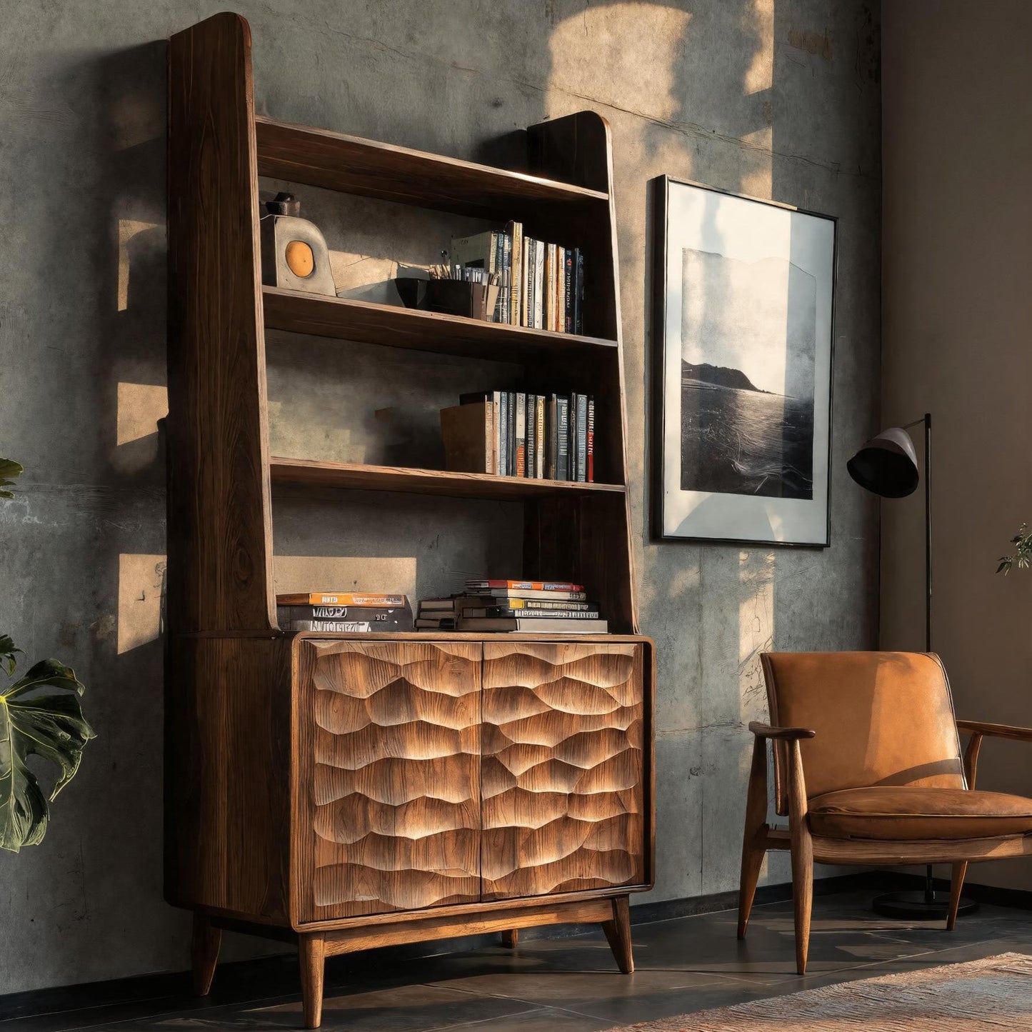 Modern Bookshelf With Carved Wave Cabinet Doors For Home Lynnsnail