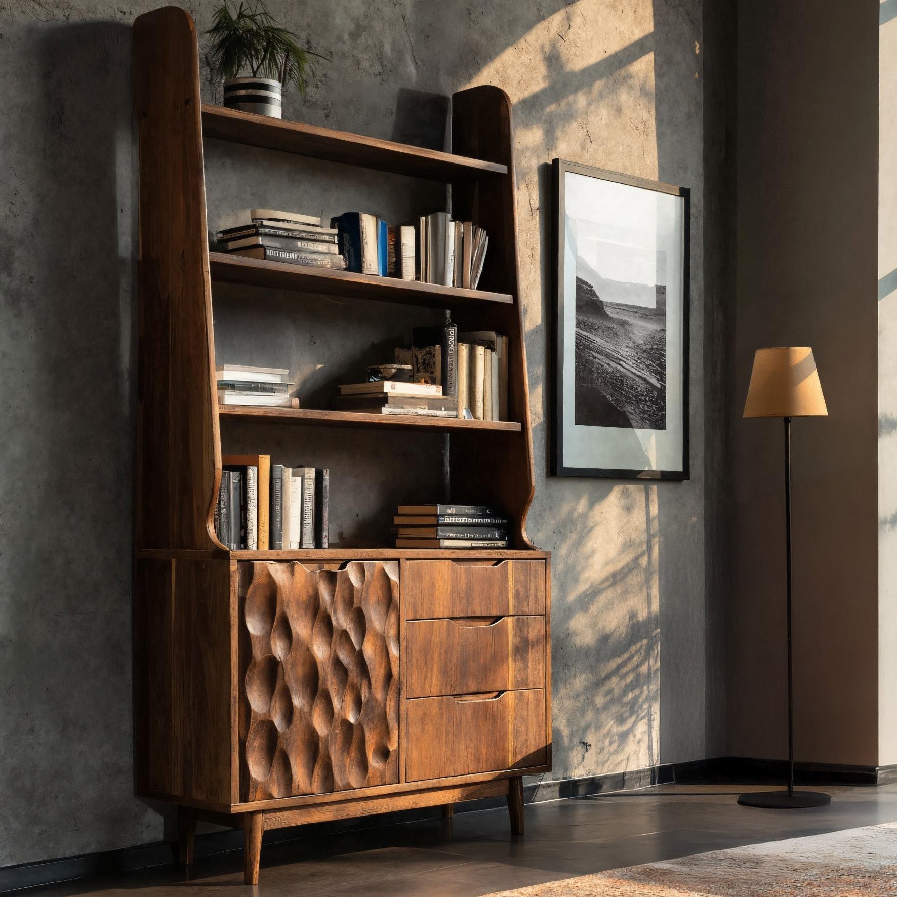 Organic Carved Wooden Bookshelf For Living Room Lynnsnail
