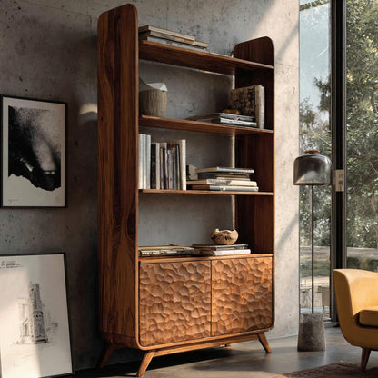 Contemporary Wooden Bookshelf With Sculpted Door Panels For Living Lynnsnail