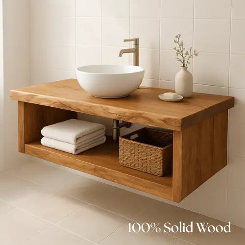 Handcrafted Floating Solid Wood Bathroom Vanity – Live Edge Countertop with Open Storage Shelf – Minimalist Natural Design Lynnsnail